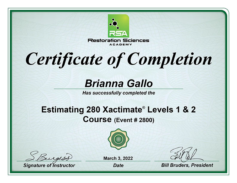 Brianna Gallo Certification Estimating 280 Xactimate Bulovas Restorations